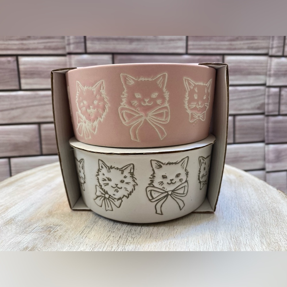 MELLOW & MOD 🐱 🎀 CAT FACE WITH BOW PET BOWL SET OF 2 PINK& IVORY NEW